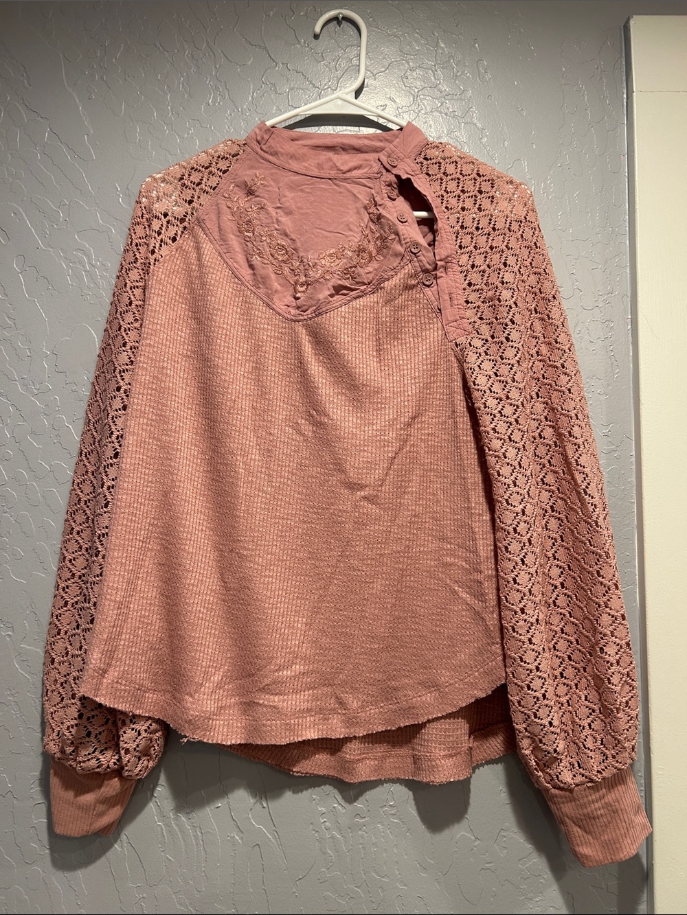 Free People Rose Lace-Sleeve Waffle Knit Pullover